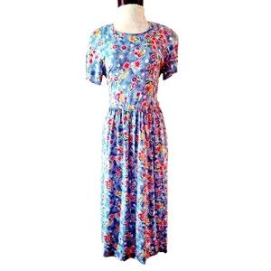Vintage 90s Dress Midi 10 Blue White Floral Modest Tie Cottage Prairie Peasant